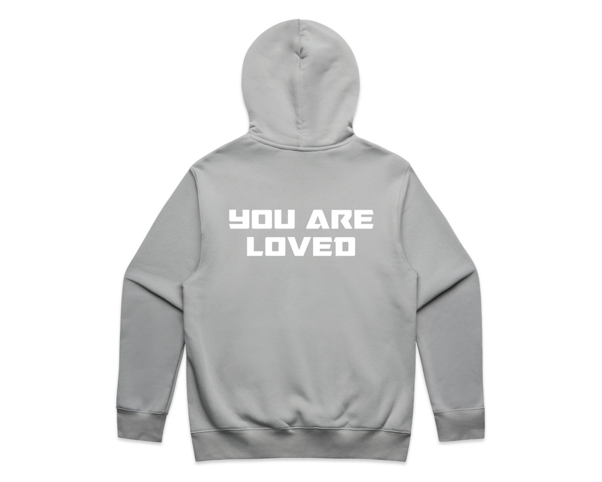 DMROZE MEN'S LIGHT COLOURED PRINTED HOODIES grey pullover hoodie with white bold text 'YOU ARE LOVED' on back, ribbed cuffs, kangaroo pocket