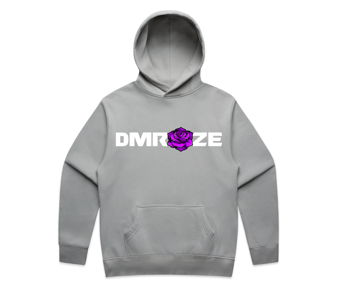 DMROZE MEN'S LIGHT COLOURED PRINTED HOODIES grey pullover hoodie with white text and purple rose print, kangaroo pocket
