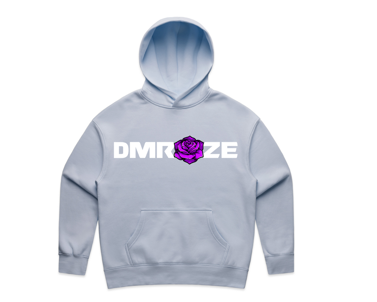 DMROZE MEN'S LIGHT COLOURED PRINTED HOODIES light blue pullover hoodie with front white logo and purple rose graphic, ribbed cuffs and kangaroo pocket