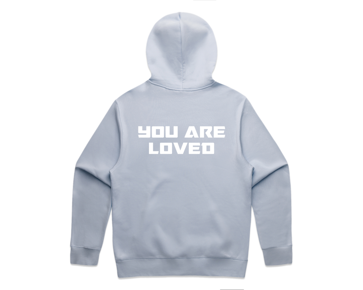 DMROZE MEN'S LIGHT COLOURED PRINTED HOODIES light blue pullover hoodie with white bold text saying You Are Loved on the back, ribbed cuffs and lined hood