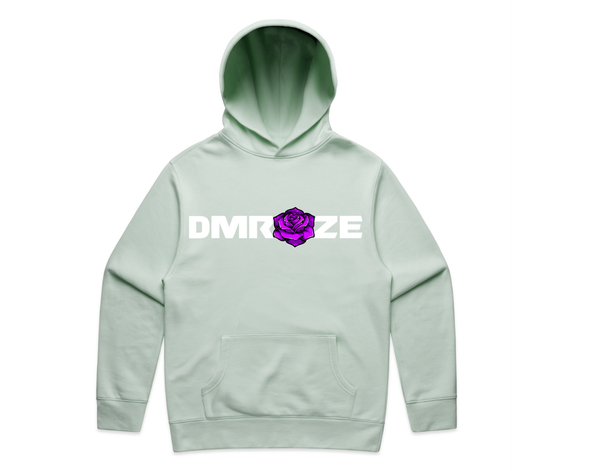 DMROZE MEN'S LIGHT COLOURED PRINTED HOODIES mint green cotton blend pullover hoodie with bold white logo and purple rose graphic