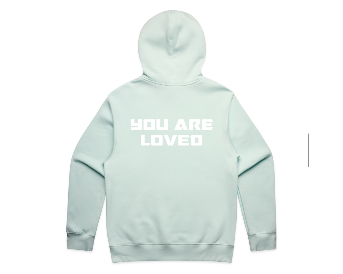 DMROZE MEN'S LIGHT COLOURED PRINTED HOODIES pale mint green fleece pullover hoodie with white printed message 'YOU ARE LOVED' on back