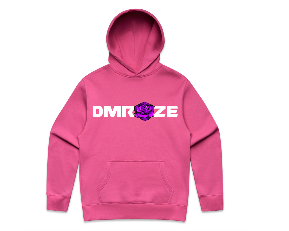 DMROZE MEN'S LIGHT COLOURED PRINTED HOODIES pink pullover hoodie with a bold white logo and purple rose graphic on front, kangaroo pocket, ribbed cuffs