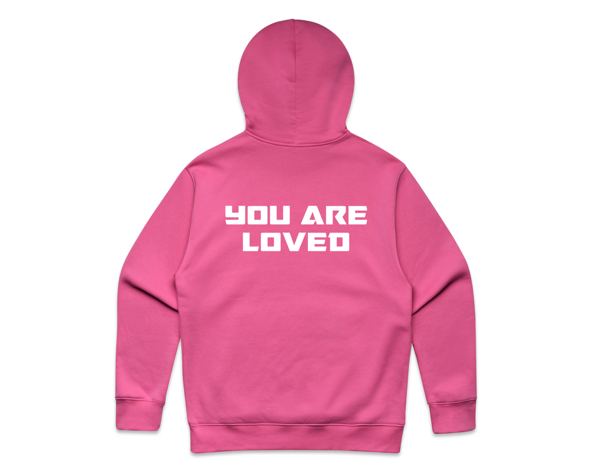 DMROZE MEN'S LIGHT COLOURED PRINTED HOODIES pink cotton-blend pullover hoodie with white bold 'YOU ARE LOVED' print on back and ribbed cuffs
