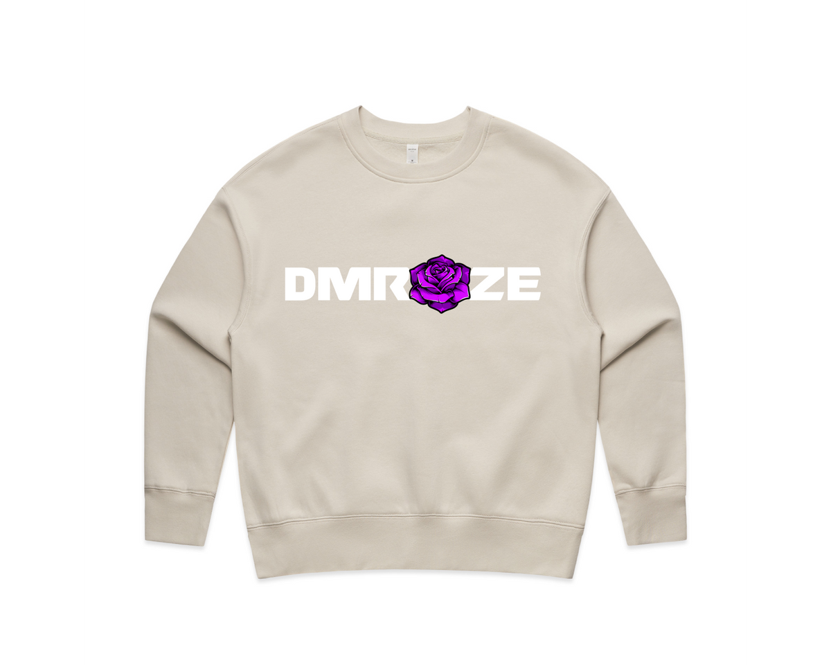 DMROZE WOMEN'S PRINTED CREW NECKS beige cotton blend sweatshirt with white text logo and purple rose graphic on front