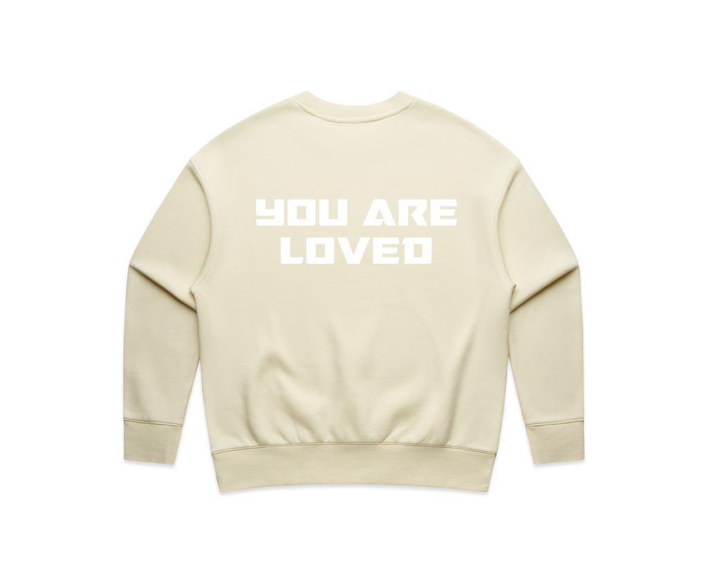 DMROZE WOMEN'S PRINTED CREW NECKS beige fleece sweatshirt with white bold text 'YOU ARE LOVED' on back, ribbed cuffs and hem