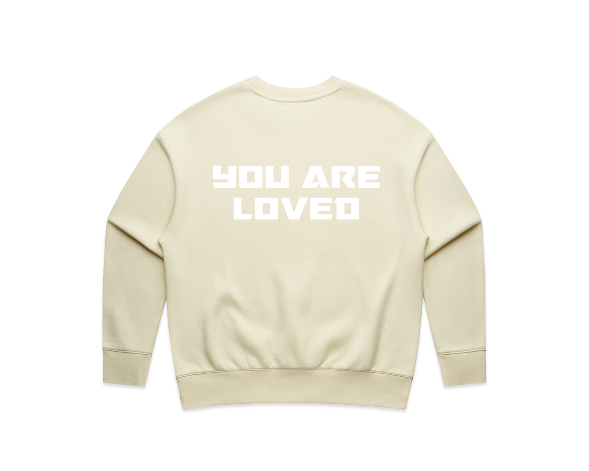 DMROZE WOMEN'S PRINTED CREW NECKS beige fleece sweatshirt with white bold text 'YOU ARE LOVED' on back, ribbed cuffs and hem