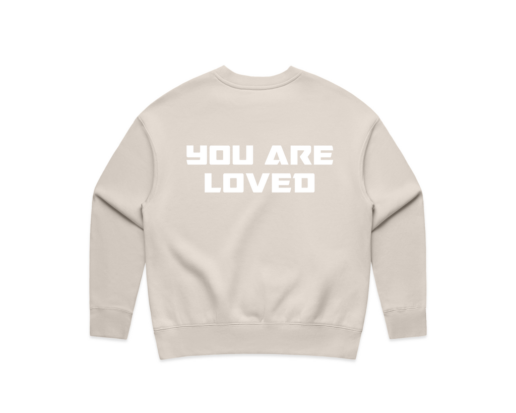DMROZE WOMEN'S PRINTED CREW NECKS beige fleece sweatshirt with bold white text saying 'YOU ARE LOVED' on the back