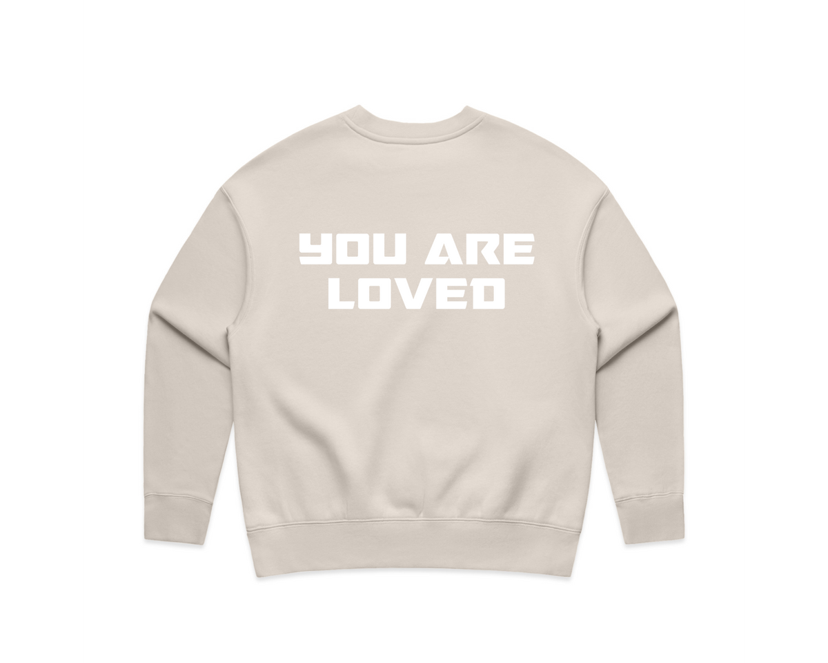 DMROZE WOMEN'S PRINTED CREW NECKS beige fleece sweatshirt with bold white text saying 'YOU ARE LOVED' on the back