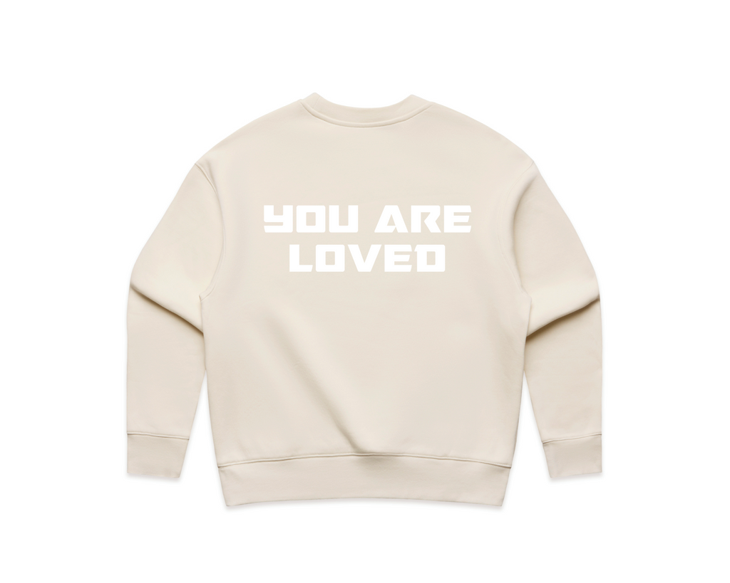 DMROZE WOMEN'S PRINTED CREW NECKS beige cotton-blend crew neck sweatshirt with white 'YOU ARE LOVED' print on back and ribbed cuffs
