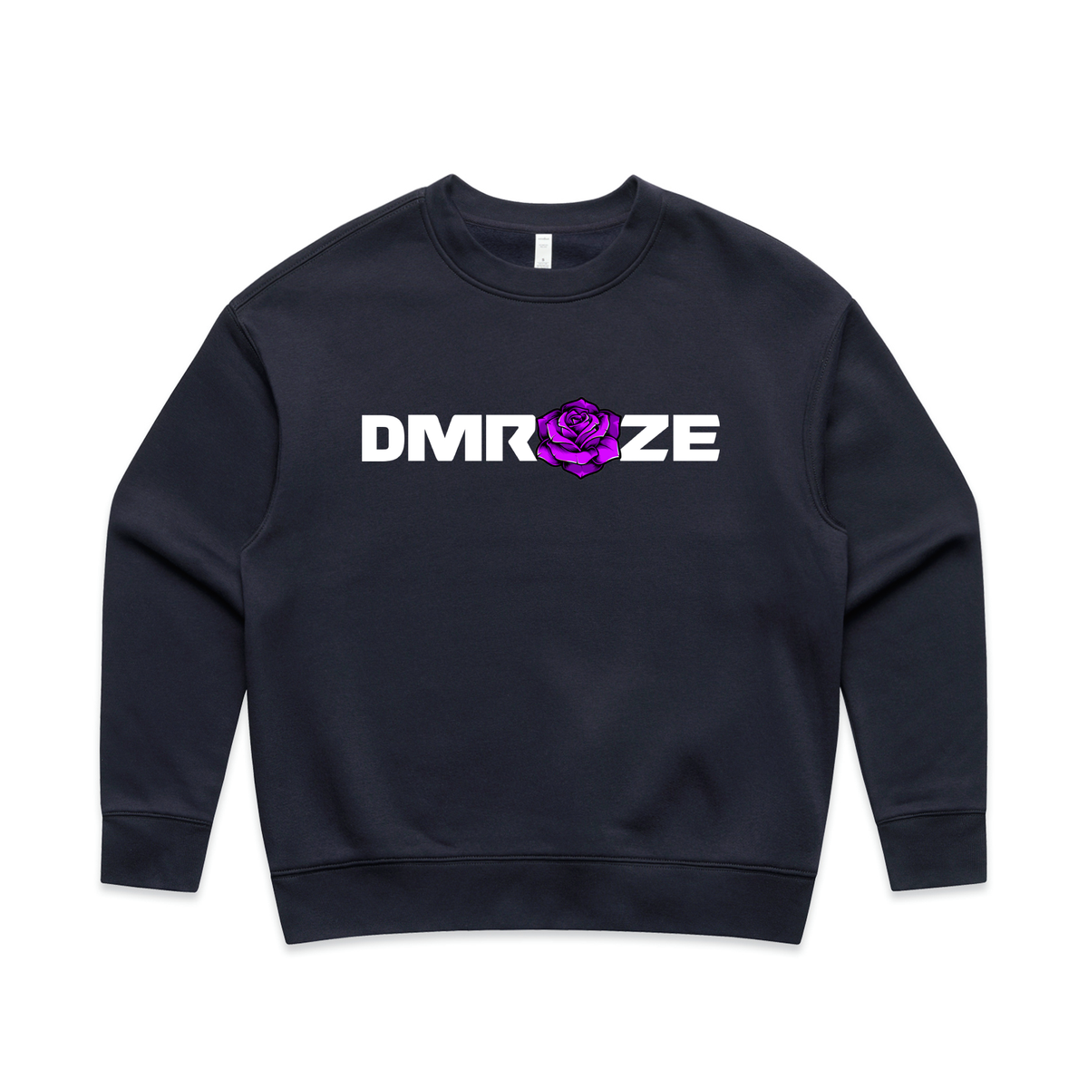 DMROZE WOMEN'S PRINTED CREW NECKS black cotton blend crew neck sweatshirt with white text and a purple rose graphic on front