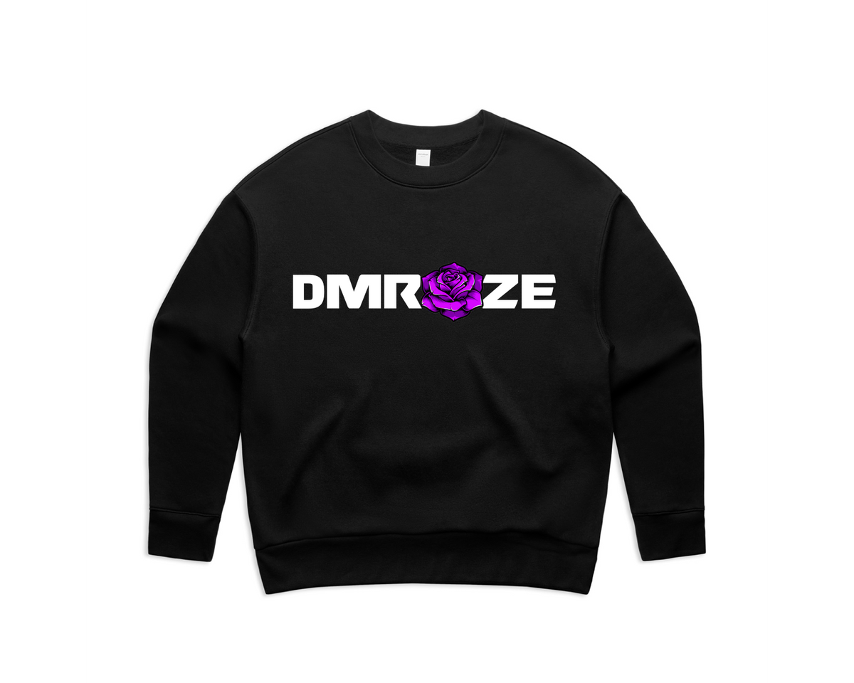 Black crew neck sweatshirt with white DMROZE print and a purple rose graphic centered on front, part of DMROZE WOMEN'S PRINTED CREW NECKS