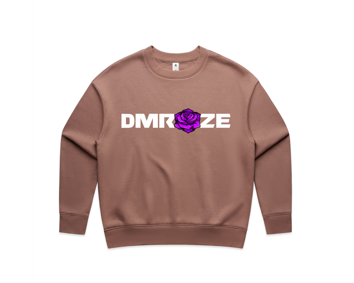 DMROZE WOMEN'S PRINTED CREW NECKS brown fleece sweatshirt with a white logo and purple rose print on front and ribbed cuffs
