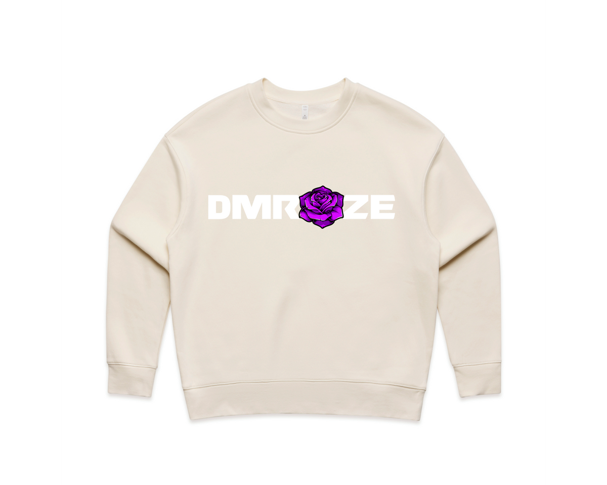 Cream crew neck sweatshirt with a purple rose printed over the white DMROZE logo, made from soft cotton blend fabric in relaxed fit