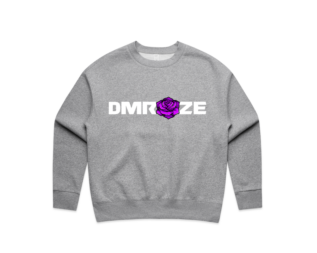 DMROZE WOMEN'S PRINTED CREW NECKS grey cotton blend sweatshirt with white bold lettering and a purple rose print on front