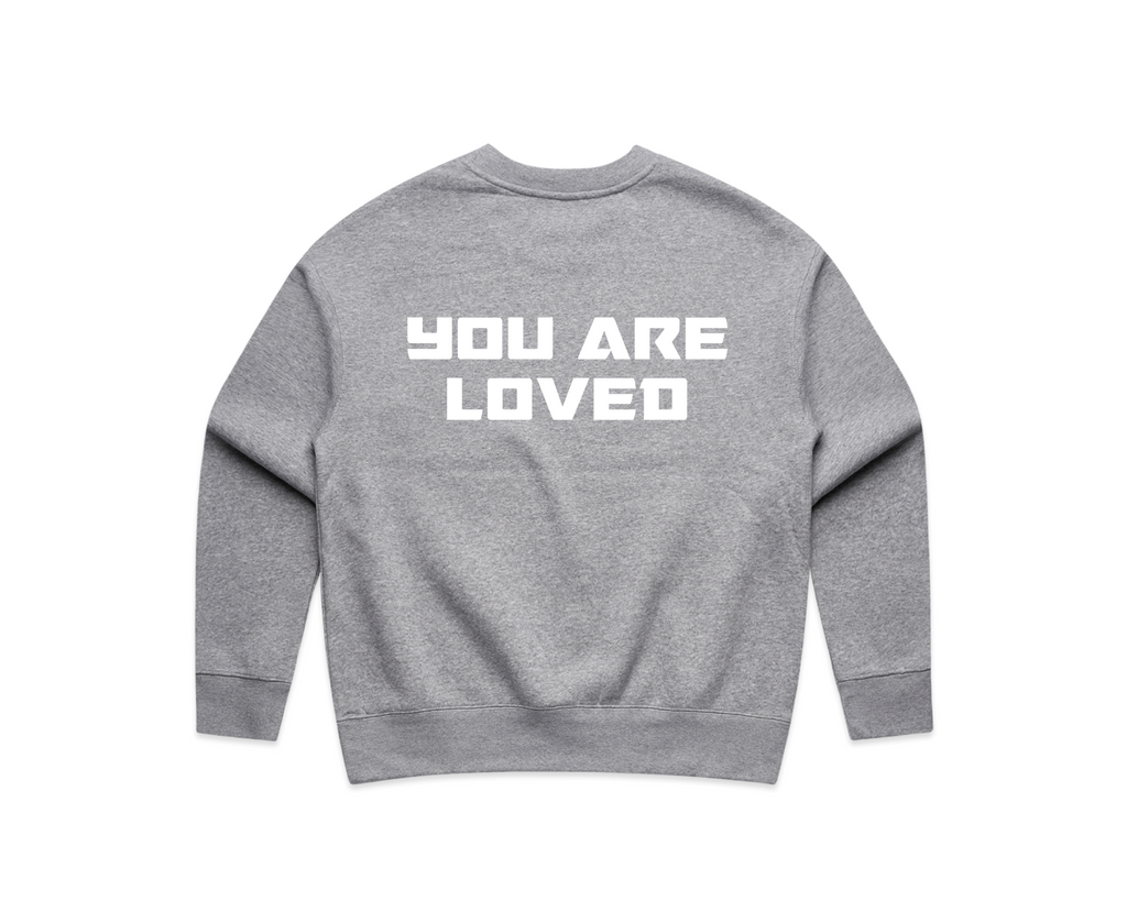 DMROZE WOMEN'S PRINTED CREW NECKS grey fleece crew neck sweatshirt with white bold text reading You Are Loved on the back