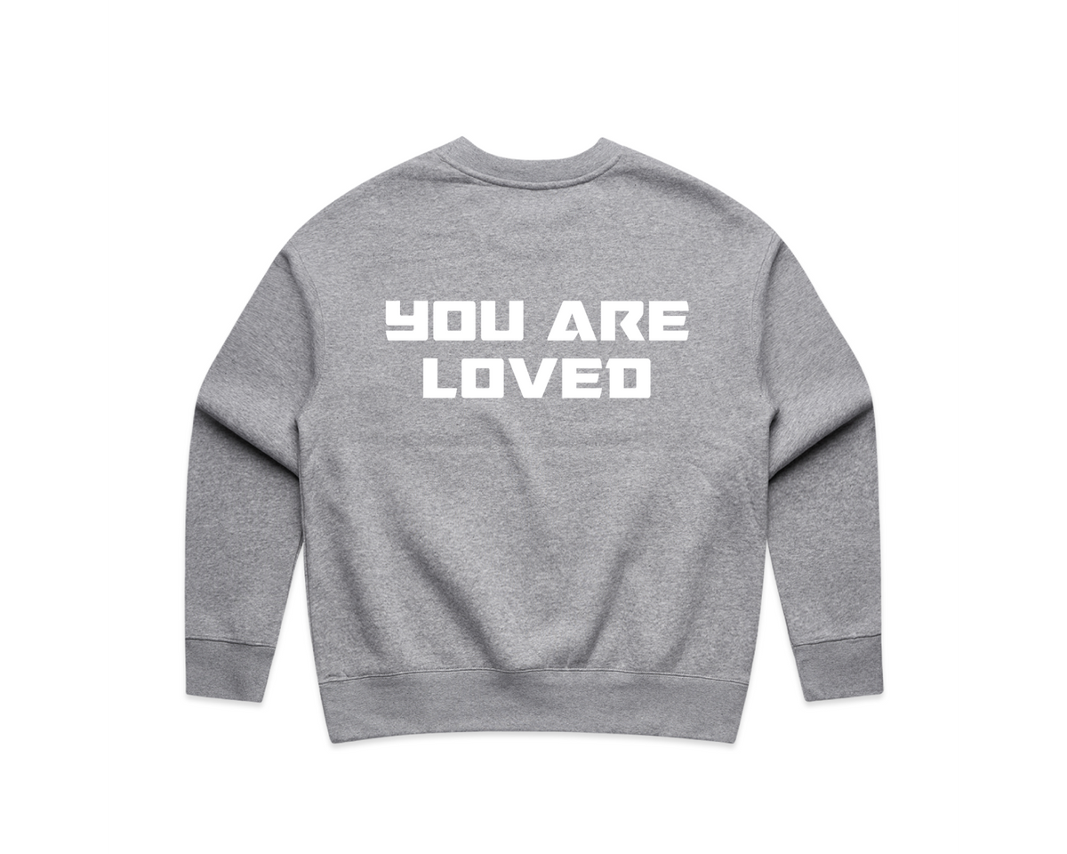 DMROZE WOMEN'S PRINTED CREW NECKS grey fleece crew neck sweatshirt with white bold text reading You Are Loved on the back