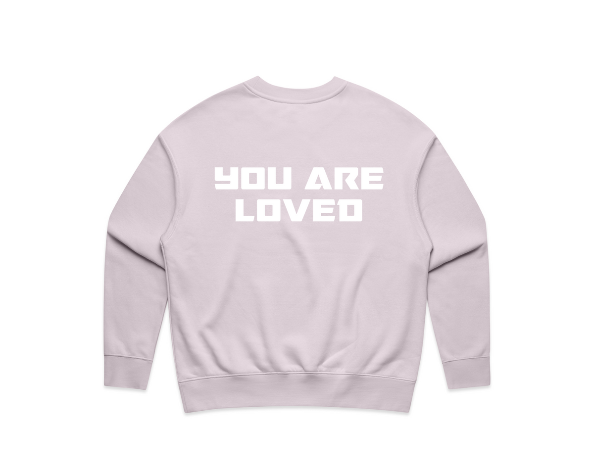 DMROZE WOMEN'S PRINTED CREW NECKS light pink fleece sweatshirt with white bold text reading 'YOU ARE LOVED' on the back
