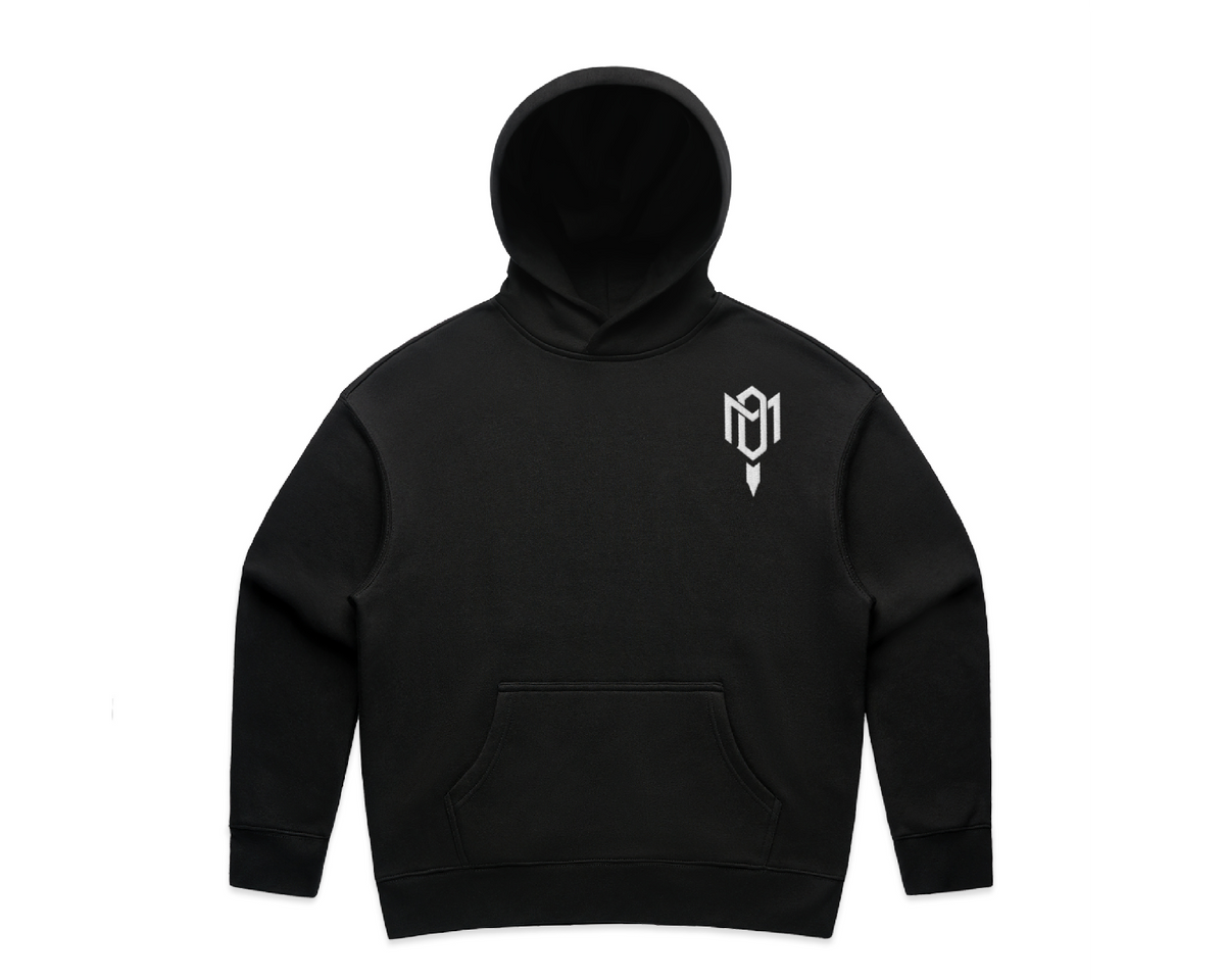 WOMEN'S DMROZE 2.0 HOODED TRACK SUITS black fleece pullover hoodie with white chest embroidery and front pouch pocket