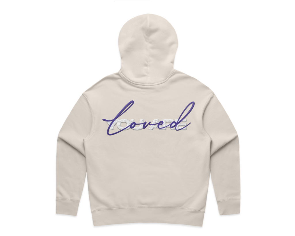 WOMEN'S DMROZE 2.0 HOODED TRACK SUITS cream fleece hoodie with blue embroidered script and kangaroo pocket