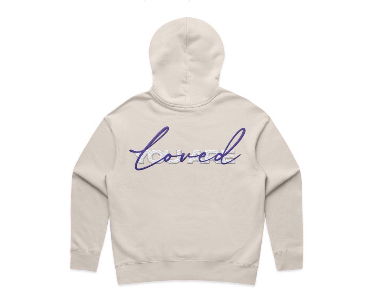 WOMEN'S DMROZE 2.0 HOODED TRACK SUITS cream fleece hoodie with blue embroidered script and kangaroo pocket