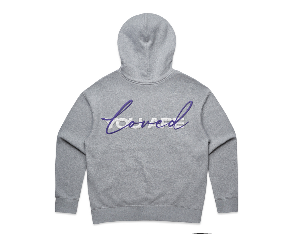 WOMEN'S DMROZE 2.0 HOODED TRACK SUITS grey fleece hoodie with purple embroidered script and ribbed cuffs