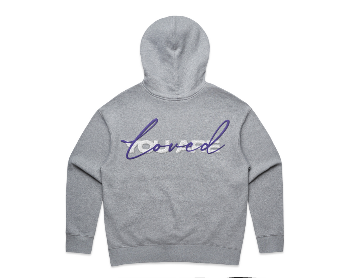 WOMEN'S DMROZE 2.0 HOODED TRACK SUITS grey fleece hoodie with purple embroidered script and ribbed cuffs