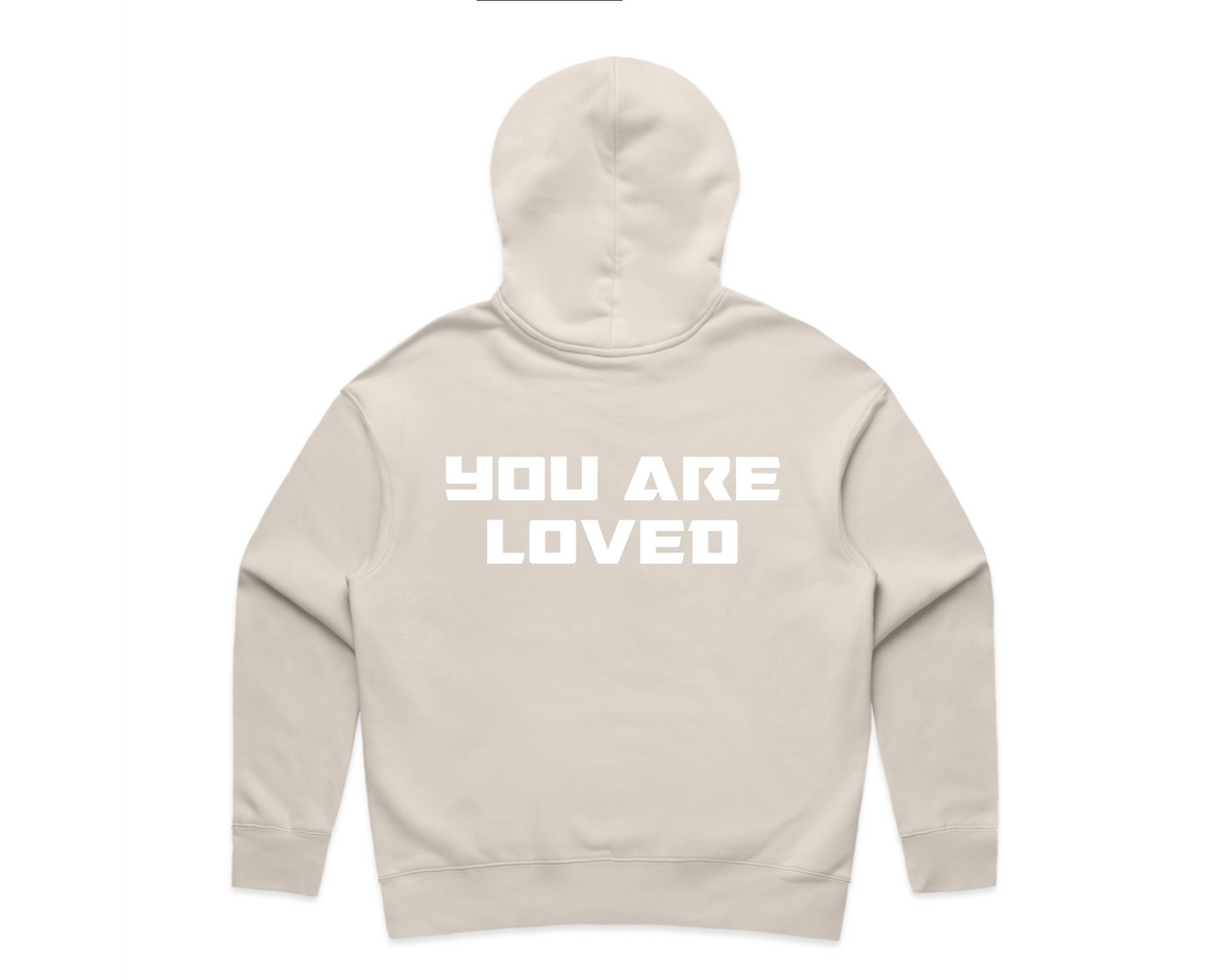 WOMEN'S DMROZE HOODED TRACKSUITS beige cotton fleece hoodie with white YOU ARE LOVED back print
