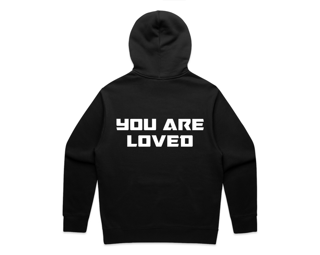 WOMEN'S DMROZE HOODED TRACKSUITS black cotton fleece hoodie with white YOU ARE LOVED back print