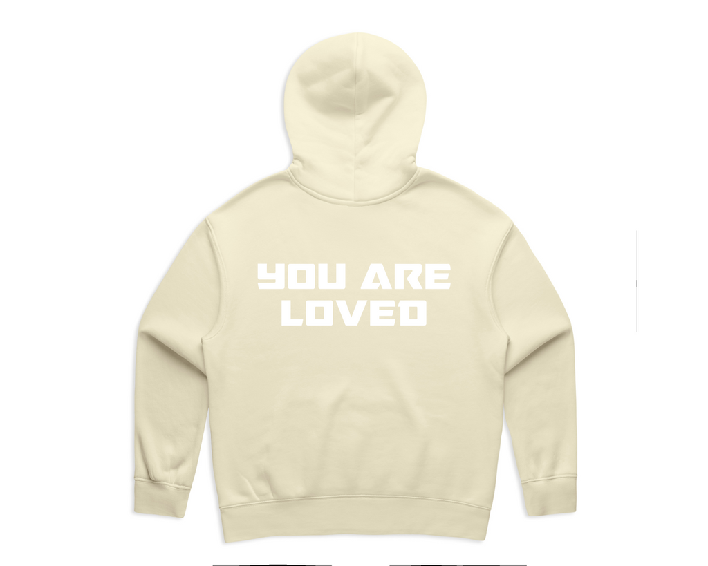 WOMEN'S DMROZE HOODED TRACKSUITS cream cotton fleece hoodie with white YOU ARE LOVED chest print