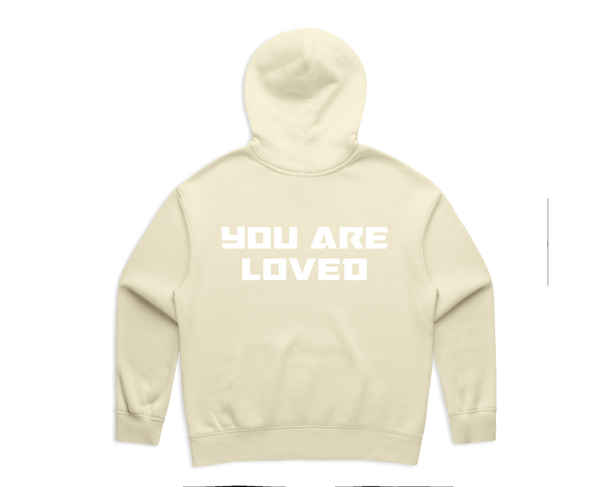 WOMEN'S DMROZE HOODED TRACKSUITS cream cotton fleece hoodie with white YOU ARE LOVED chest print
