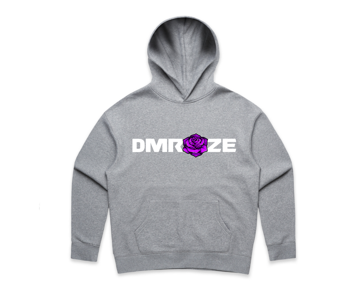 WOMEN'S DMROZE HOODED TRACKSUITS grey cotton fleece hoodie with purple rose logo, kangaroo pocket and ribbed cuffs