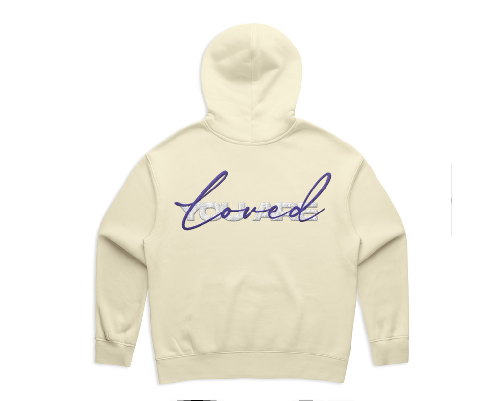 WOMEN'S DMROZE 2.0 HOODED TRACK SUITS cream fleece pullover hoodie with purple embroidered front lettering
