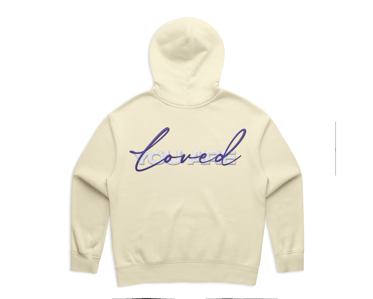WOMEN'S DMROZE 2.0 HOODED TRACK SUITS cream fleece pullover hoodie with purple embroidered front lettering