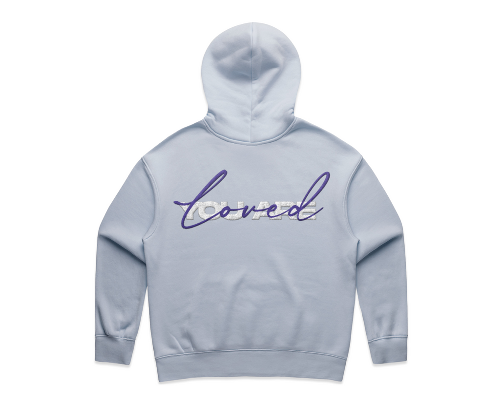 WOMEN'S DMROZE 2.0 HOODED TRACK SUITS light blue fleece hoodie with purple embroidered front lettering