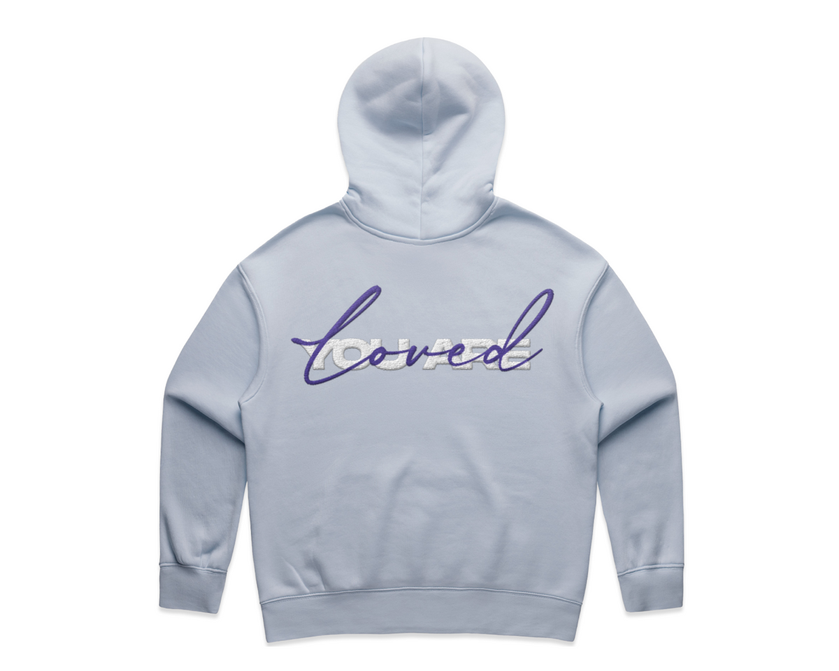 WOMEN'S DMROZE 2.0 HOODED TRACK SUITS light blue fleece hoodie with purple embroidered front lettering