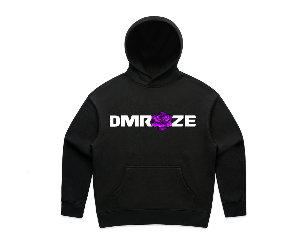 WOMEN'S DMROZE HOODED TRACKSUITS black cotton fleece hoodie with white DMROZE logo and purple rose graphic